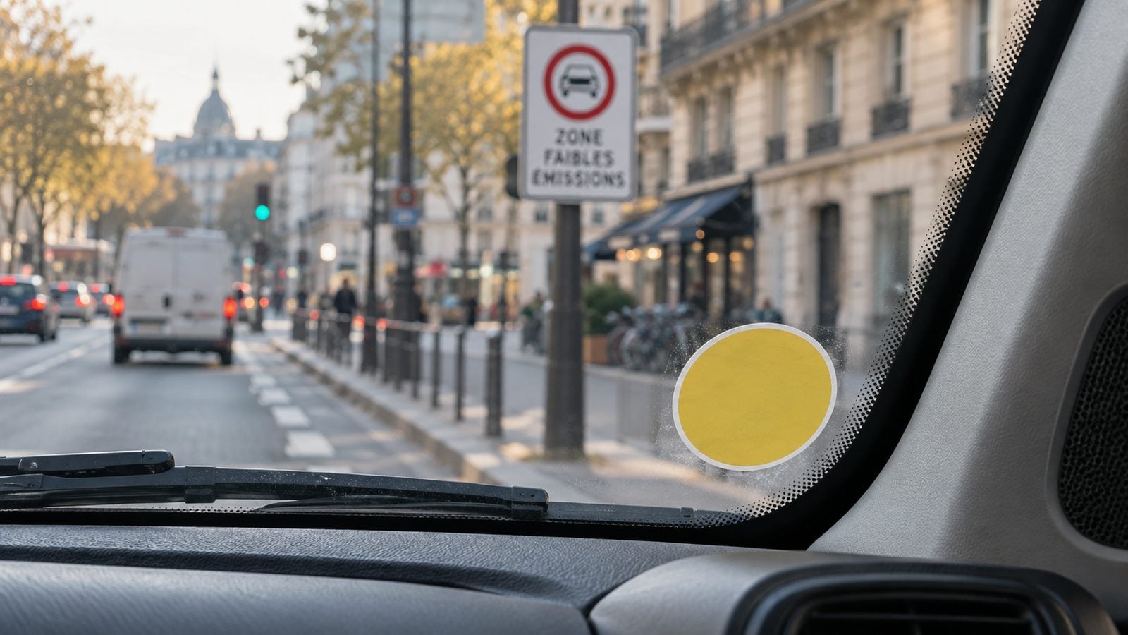 Vignette Crit’Air collée sur le pare-brise d’un utilitaire en zone à faibles émissions