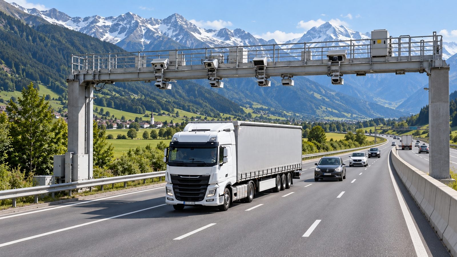 Poids lourd sur une autoroute autrichienne sous un portique de péage